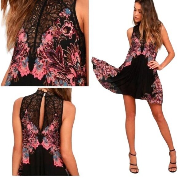 Free People Marsha Black Lace Floral Slip Mini Dress - Picture 1 of 9